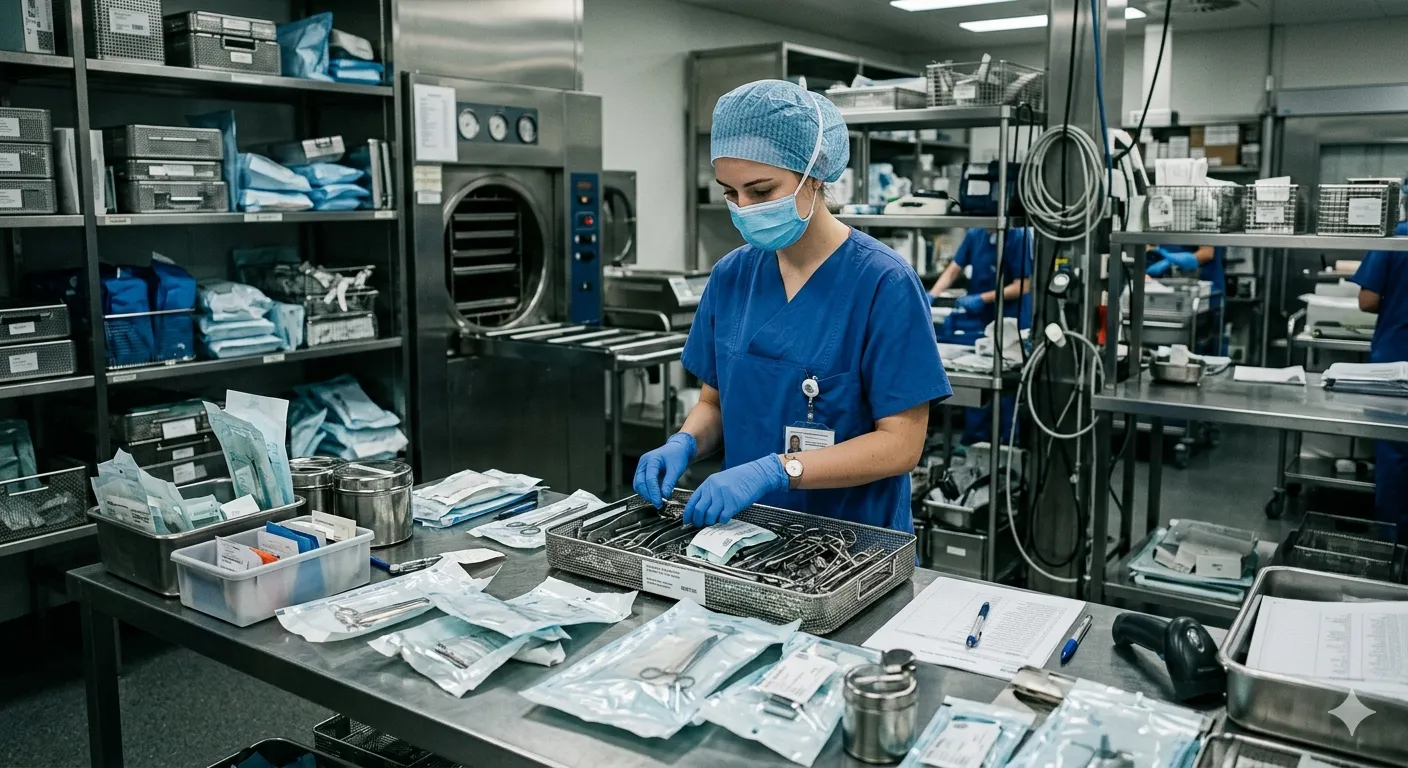 AEMP_Beispielbild Auf dem Bild ist eine Frau zu sehen, die Sterilgut in ein Sieb platziert. Sie trägt ein blaues T-Shirt und steht in einer Aufbereitungseinheit für Medizinprodukte. Hinter ihr sind Maschinen die Sterilgut verarbeiten.